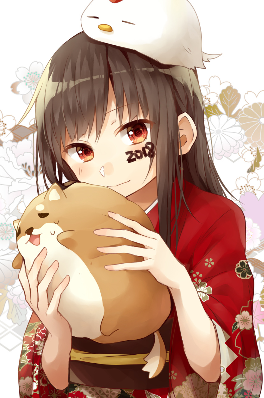 1girl 2018 animal animal_on_head bird blush brown_eyes brown_hair chicken commentary_request dog floral_background floral_print head_tilt highres holding holding_animal japanese_clothes kimono long_hair long_sleeves looking_at_viewer new_year obi on_head original print_kimono red_kimono sash satou_saya solo sweat white_background wide_sleeves year_of_the_dog