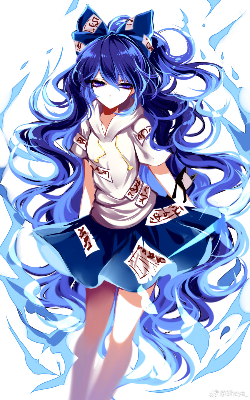 1girl absurdres aura blue_bow blue_eyes blue_hair blue_skirt bow commentary_request cowboy_shot debt hair_bow highres hood hoodie long_hair looking_at_viewer sheya short_sleeves simple_background skirt solo standing touhou very_long_hair wavy_hair weibo_logo weibo_username white_background white_hoodie yorigami_shion