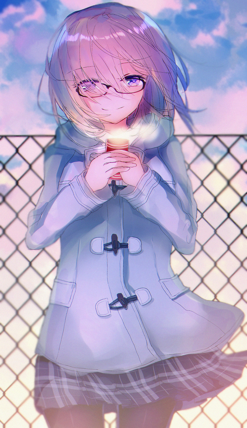 1girl backlighting black-framed_eyewear black_legwear black_skirt blurry blurry_background breath can chain-link_fence closed_mouth clouds cloudy_sky coat cowboy_shot depth_of_field duffel_coat eyebrows_visible_through_hair eyes_visible_through_hair fate/grand_order fate_(series) fence glasses grey_coat hair_over_one_eye hatou_midori highres holding long_sleeves looking_at_viewer mash_kyrielight outdoors own_hands_together pantyhose pink_hair plaid plaid_skirt pleated_skirt short_hair skirt sky smile soda_can solo standing violet_eyes wind winter_clothes winter_coat