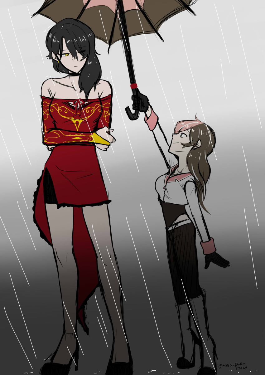 2girls absurdres artist_request cinder_fall commentary_request eyes_visible_through_hair height_difference highres multiple_girls neo_(rwby) parasol rain rwby umbrella