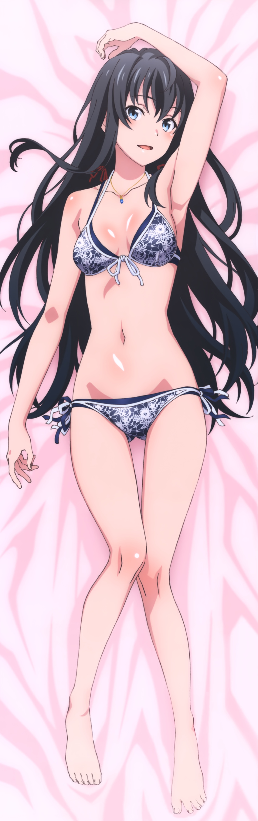1girl absurdres arm_up armpits bare_shoulders barefoot bed_sheet bikini black_hair blue_eyes breasts cleavage collarbone dakimakura feet from_above front-tie_bikini front-tie_top full_body groin highres jewelry long_hair looking_at_viewer lying navel necklace on_back open_mouth shiny shiny_skin side-tie_bikini sideboob small_breasts smile solo swimsuit very_long_hair yahari_ore_no_seishun_lovecome_wa_machigatteiru. yukinoshita_yukino