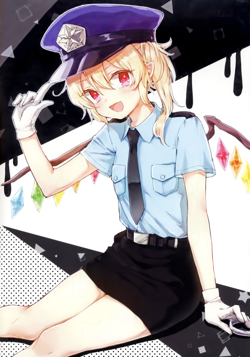 1girl absurdres alternate_costume bare_legs belt black_neckwear blonde_hair blue_hat flandre_scarlet gloves hair_between_eyes hand_up hat highres honotai looking_at_viewer medium_hair miniskirt necktie open_mouth peaked_cap pencil_skirt pocket pointy_ears police police_hat police_uniform policewoman red_eyes scan sitting skirt smile solo star touhou uniform white_gloves wings