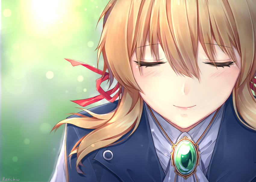 absurdres blonde_hair blue_jacket closed_eyes closed_mouth hair_ribbon highres jacket jewelry necklace reechio ribbon violet_evergarden violet_evergarden_(character)