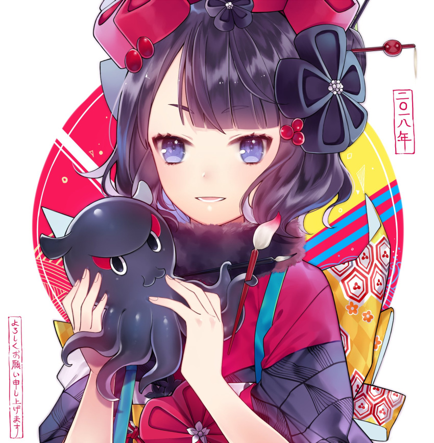 1girl :d bangs blue_eyes blunt_bangs calligraphy_brush commentary_request eyebrows_visible_through_hair fate/grand_order fate_(series) fingernails hair_ornament highres holding ichinosenen japanese_clothes katsushika_hokusai_(fate/grand_order) kimono looking_at_viewer obi octopus open_mouth paintbrush purple_hair sash short_hair smile solo translated upper_body