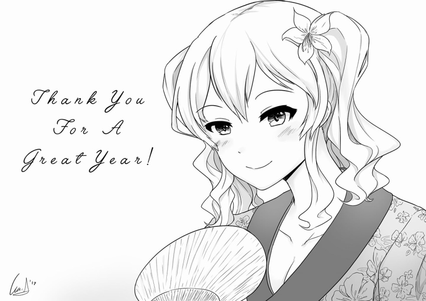 blush breasts cleavage commentary english eyebrows_visible_through_hair fan floral_print flower greyscale hair_flower hair_ornament japanese_clothes kantai_collection kashima_(kantai_collection) kimono monochrome new_year paper_fan signature smile twintails uchiwa wangphing wavy_hair