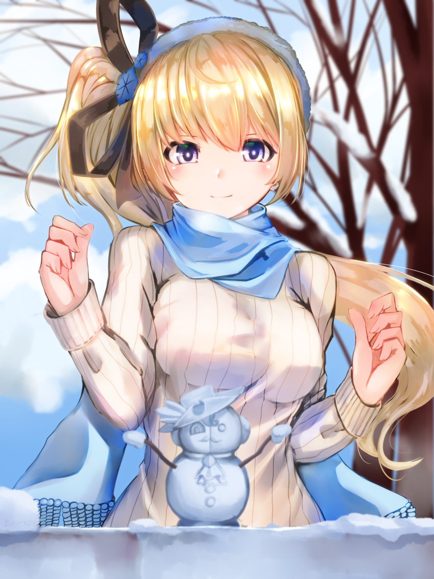 1girl bangs bare_tree black_ribbon blonde_hair blue_scarf blurry blurry_background blush breasts closed_mouth commentary_request depth_of_field ekusera eyebrows_visible_through_hair hair_between_eyes hair_ribbon highres long_hair long_sleeves looking_at_viewer medium_breasts ribbed_sweater ribbon scarf shironeko_project smile snow snowman solo sophie_(shironeko_project) sweater tree very_long_hair violet_eyes white_sweater