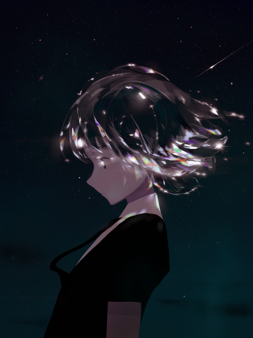 absurdres androgynous diamond_(houseki_no_kuni) gem_uniform_(houseki_no_kuni) highres houseki_no_kuni jq necktie night night_sky profile short_hair sky solo