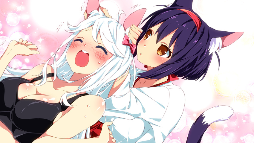 2girls animal_ears bare_shoulders blush body_blush bow breasts brown_eyes cat_ears cat_tail cleavage collarbone dutch_angle eyebrows_visible_through_hair game_cg hair_between_eyes hair_bow hakama hands_on_another's_ears inma japanese_clothes kayo_(sakura_shrine_girls) kimono large_breasts lens_flare long_hair looking_at_another multiple_girls nayoko_(sakura_shrine_girls) nose_blush open_mouth parted_lips pink_bow purple_hair sakura_shrine_girls shirt short_hair sleeveless sleeveless_shirt sparkle sweat tail tank_top trembling white_hair yuri