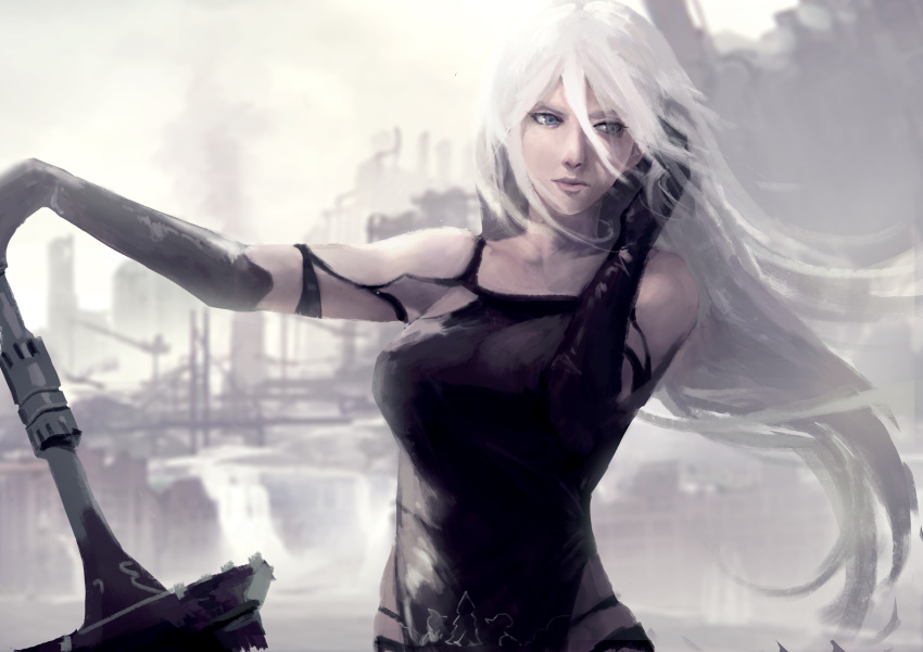 absurdres android armlet black_gloves black_shorts blue_eyes elbow_gloves gloves hand_in_hair highres holding holding_sword holding_weapon lien-tsu long_hair nier_(series) nier_automata pink_lips robot_joints short_shorts shorts silver_hair sword tank_top weapon yorha_type_a_no._2