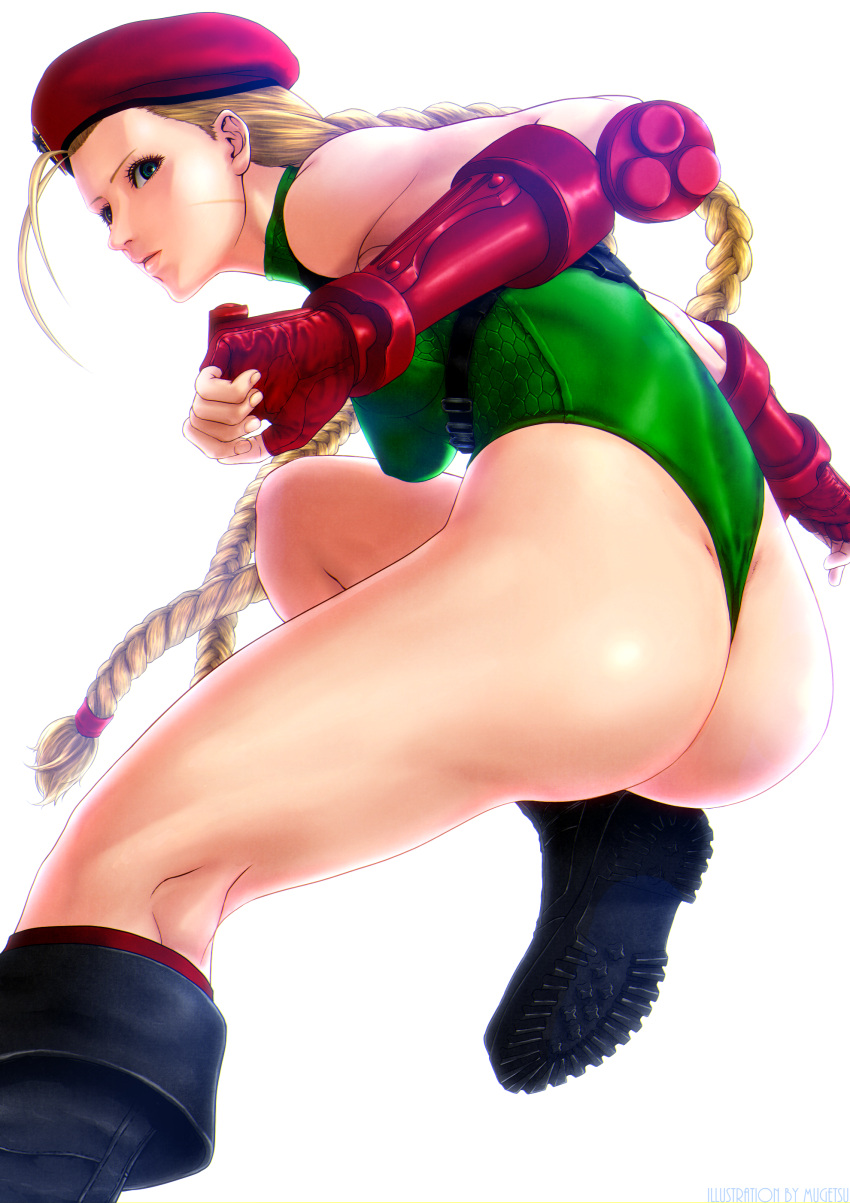 1girl absurdres antenna_hair ass beret blue_eyes boots braid breasts cammy_white combat_boots elbow_gloves eyelashes fingerless_gloves forehead gloves green_leotard hat highleg highleg_leotard highres jumping leotard lips long_hair looking_at_viewer looking_back medium_breasts mugetsu2501 nose red_gloves scar socks solo street_fighter street_fighter_v thong_leotard twin_braids very_long_hair white_background