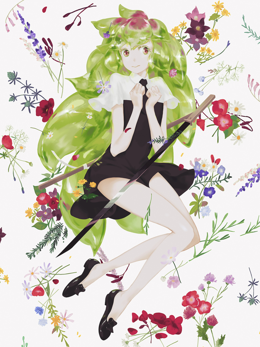 androgynous flower gem_uniform_(houseki_no_kuni) green_eyes green_hair highres houseki_no_kuni jq long_hair looking_at_viewer multicolored multicolored_eyes multicolored_hair necktie pink_eyes shorts solo sword uniform watermelon_tourmaline_(houseki_no_kuni) weapon