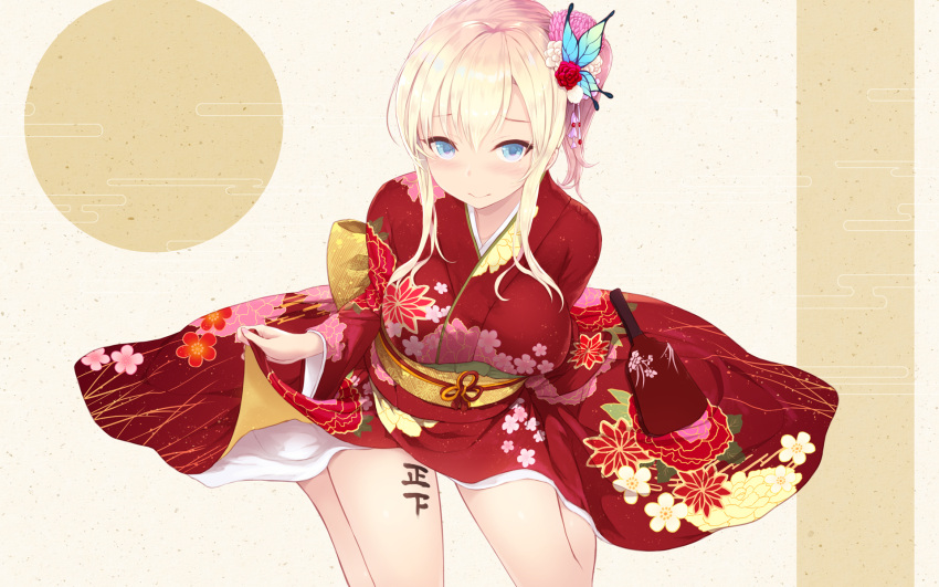 1girl alternate_hairstyle blonde_hair blue_eyes blush boku_wa_tomodachi_ga_sukunai butterfly_hair_ornament cait closed_mouth clothes_lift floral_print flower from_above hair_flower hair_ornament highres japanese_clothes kashiwazaki_sena kimono kimono_lift looking_at_viewer new_year red_kimono seiza side_ponytail sitting smile solo tally