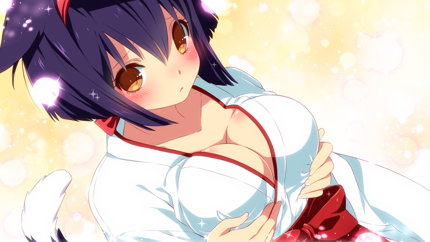 1girl :/ animal_ears blush breast_hold breast_lift breasts brown_eyes cat_ears cat_tail cleavage closed_mouth collarbone dutch_angle game_cg hair_between_eyes hairband hakama inma japanese_clothes kayo_(sakura_shrine_girls) kimono large_breasts lens_flare lifted_by_self looking_at_viewer purple_hair sakura_shrine_girls short_hair solo sparkle tail upper_body