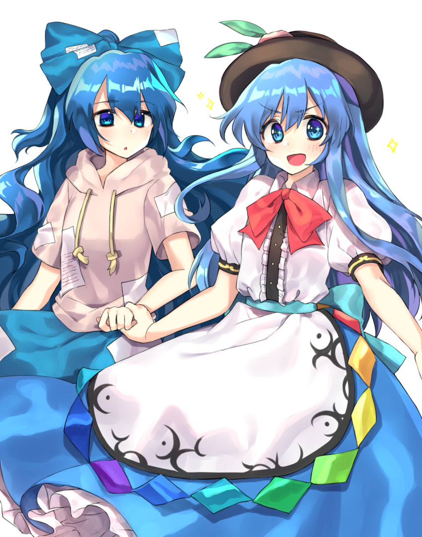 +_+ 2girls alternate_eye_color apron blue_bow blue_eyes blue_hair blue_skirt blush bow cheunes food fruit hair_bow hat highres hinanawi_tenshi hood hood_down hoodie leaf long_hair long_skirt looking_at_another looking_at_viewer multiple_girls ofuda open_mouth peach puffy_short_sleeves puffy_sleeves shirt short_sleeves skirt sparkle string touhou very_long_hair waist_apron white_shirt wrist_grab yorigami_shion