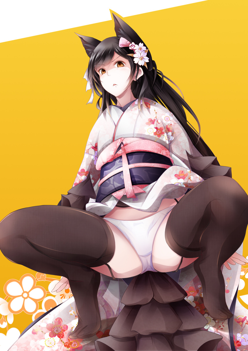 1girl animal_ears atago_(azur_lane) azur_lane black_hair black_legwear breasts brown_eyes floral_print flower frown fudo_shin garter_straps hair_flower hair_ornament highres japanese_clothes kimono large_breasts long_hair looking_at_viewer orange_background panties solo squatting underwear white_panties