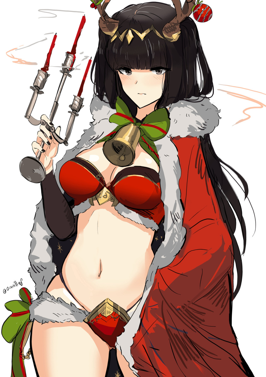 1girl absurdres bikini black_hair blush bracelet breasts cape christmas circlet cleavage dotentity fire_emblem fire_emblem:_kakusei fire_emblem_heroes highres horns jewelry long_hair looking_at_viewer medium_breasts navel simple_background solo swimsuit tharja tiara two_side_up violet_eyes white_background