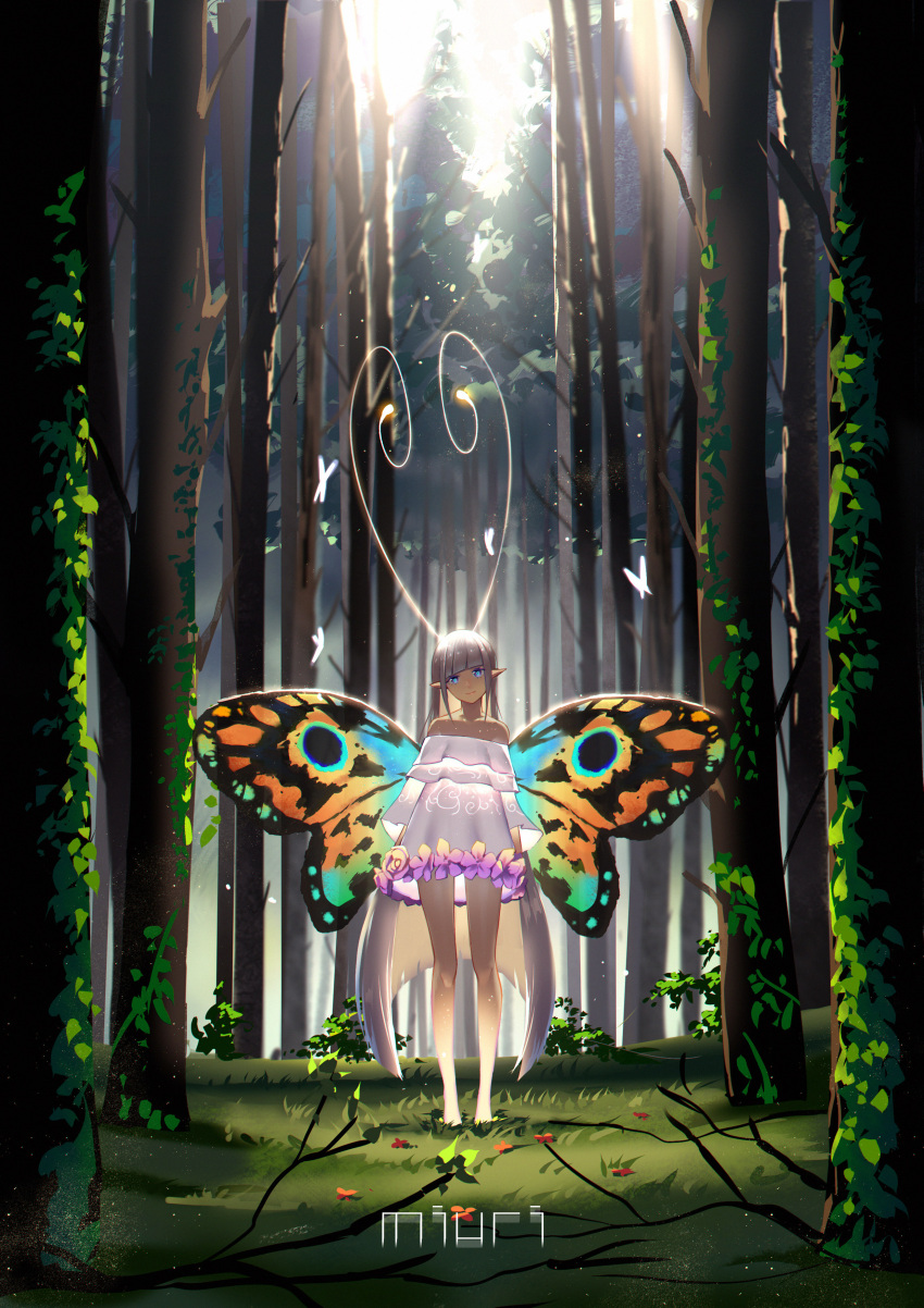 1girl absurdres antennae bangs bare_shoulders barefoot blue_eyes blunt_bangs butterfly_wings dress flower forest fukafusa glowing head_tilt highres long_hair looking_at_viewer nature off-shoulder_dress off_shoulder original pointy_ears silver_hair solo standing very_long_hair white_dress wings