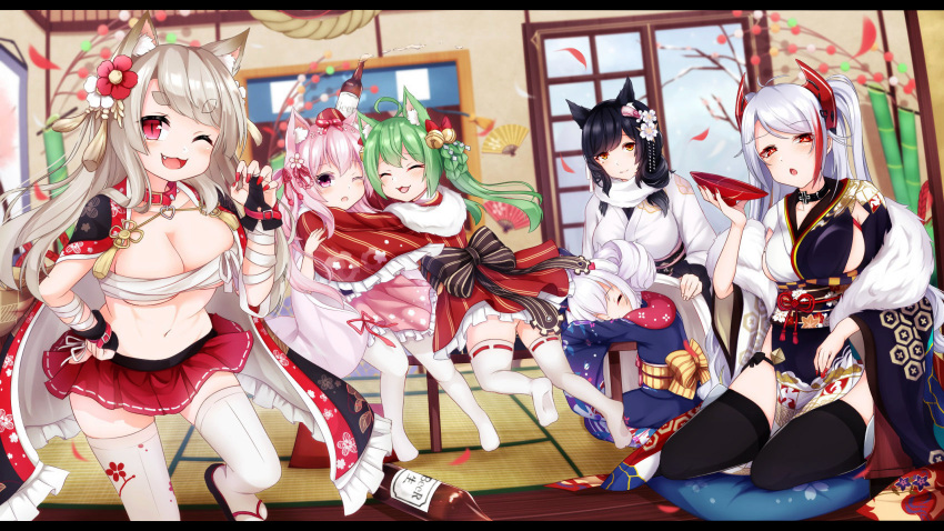 6+girls ;3 ;d ;o ^_^ ahoge akashi_(azur_lane) animal_ears atago_(azur_lane) azur_lane bamboo bangs bell black_bow black_footwear black_gloves black_hair black_legwear black_panties blue_kimono blurry blurry_background blush bottle bow bow_panties braid breasts brown_eyes cat_ears chestnut_mouth cleavage closed_eyes closed_mouth collar commentary_request covering_with_blanket day depth_of_field fang fingerless_gloves fingernails flower frilled_kimono frills fur_collar gloves green_hair hair_bow hair_flower hair_ornament hand_on_hip head_tilt highres holding holding_bottle horns indoors japanese_clothes jingle_bell kimono kisaragi_(azur_lane) laffey_(azur_lane) large_breasts letterboxed light_brown_hair long_hair long_sleeves looking_at_viewer mole mole_under_eye multicolored_hair multiple_girls nail_polish new_year no_shoes nya_rl obi one_eye_closed open_mouth panties pantyhose parted_lips pelvic_curtain pink_hair pink_kimono pleated_skirt prinz_eugen_(azur_lane) red_collar red_eyes red_flower red_kimono red_nails red_skirt redhead ribbon-trimmed_sleeves ribbon_trim sarashi sash silver_hair sitting skirt sleeping sliding_doors smile snow spiked_collar spikes streaked_hair striped striped_bow table thick_eyebrows thigh-highs two_side_up underwear very_long_hair violet_eyes white_flower white_kimono white_legwear wide_sleeves wolf_ears yokozuwari yuudachi_(azur_lane) zabuton zouri