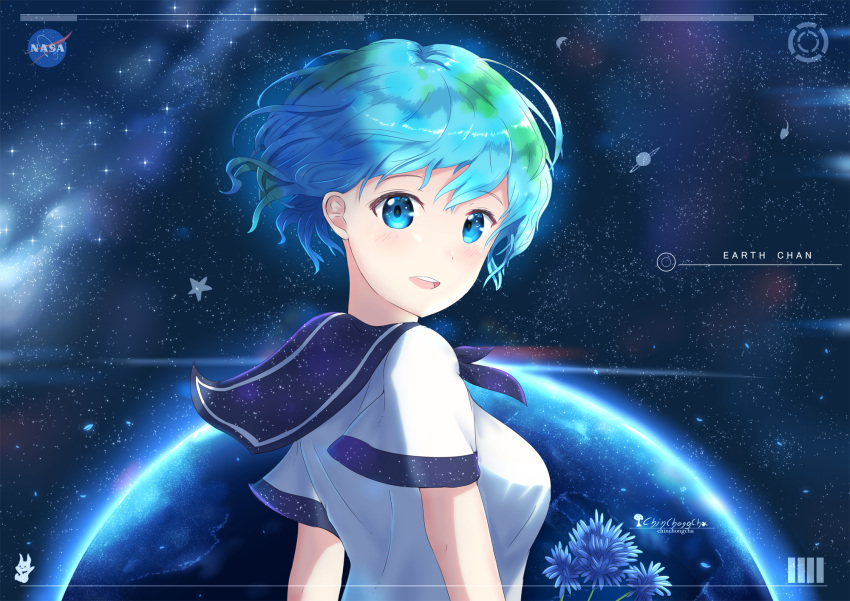 1girl blue_hair chinchongcha earth-chan highres looking_at_viewer multicolored_hair nasa open_mouth original personification profile school_uniform serafuku short_hair sky solo star_(sky) starry_sky two-tone_hair