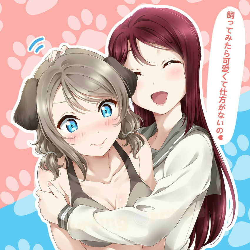 2girls :d ^_^ ^o^ bangs bare_shoulders bikini bikini_top black_bikini blush breasts brown_hair cleavage closed_eyes closed_mouth collarbone eyebrows_visible_through_hair frown half_updo hand_on_another's_head highres hug kemonomimi_mode lips long_hair long_sleeves looking_at_viewer love_live! love_live!_sunshine!! low_twintails medium_breasts motion_lines multiple_girls nail_polish nose_blush open_mouth outline paw_background petting pink_nails redhead sakurauchi_riko school_uniform serafuku smile surfing_orange swept_bangs swimsuit tareme translation_request twintails upper_body uranohoshi_school_uniform watanabe_you white_outline yuri