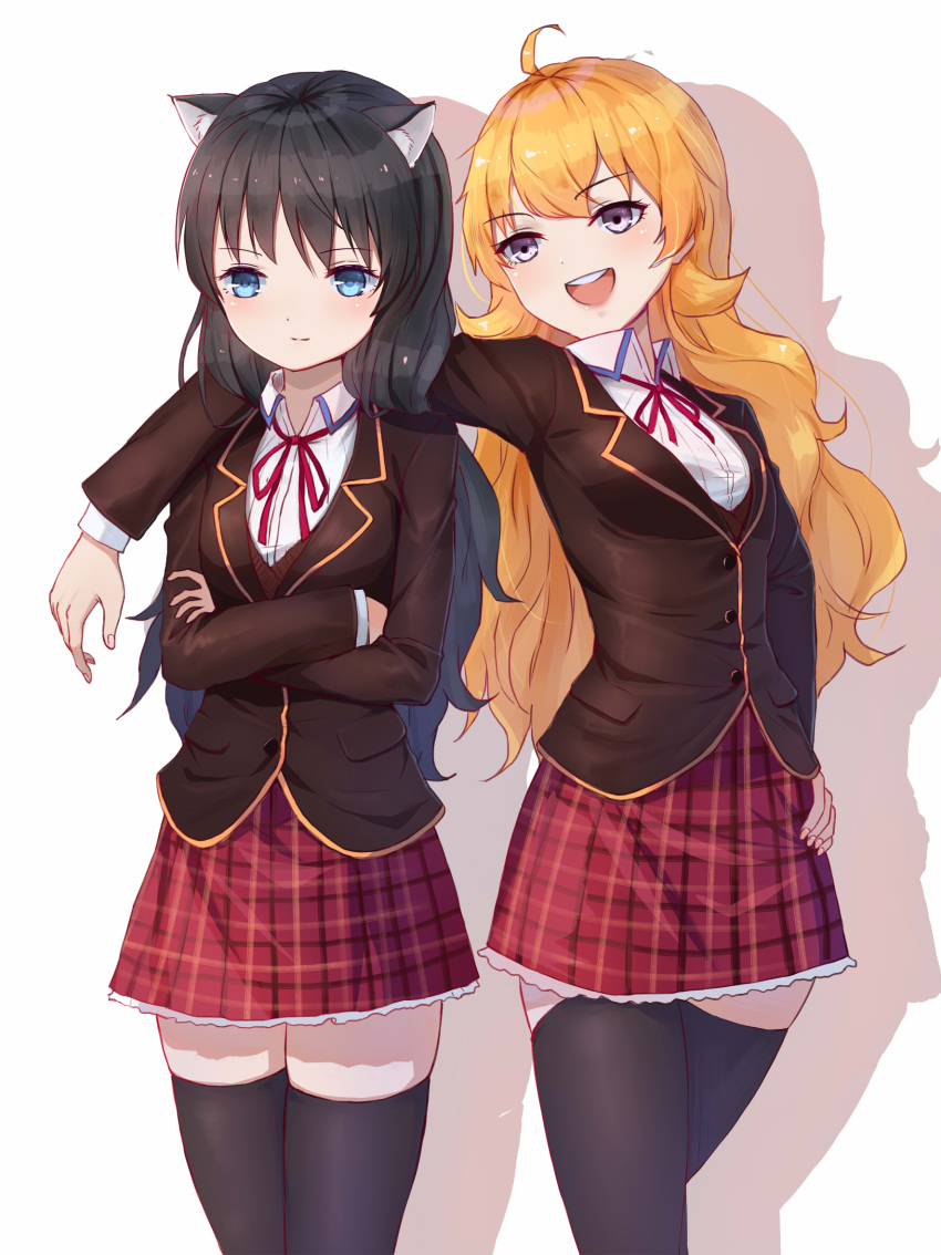 2girls animal_ears black_hair blake_belladonna blonde_hair blue_eyes cat_ears hand_on_another's_shoulder highres long_hair looking_at_another looking_at_viewer multiple_girls open_mouth rwby school_uniform simple_background smile standing thigh-highs violet_eyes yang_xiao_long zyl