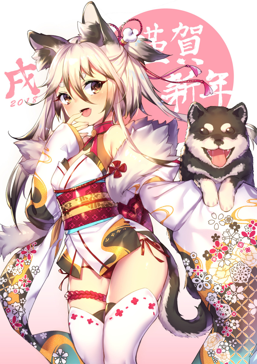 1girl 2018 :d animal_ears bikini bikini_bottom black_legwear blush brown_eyes cowboy_shot dog dog_ears fangs floral_print gradient gradient_background hair_between_eyes happy_new_year highlights highres japanese_clothes kimono long_hair looking_at_viewer multicolored_hair nengajou new_year obi open_mouth original ribbon_trim sash shennai_misha short_hair_with_long_locks short_kimono side-tie_bikini sidelocks silver_hair smile solo swimsuit thick_eyebrows thigh-highs translated white_kimono white_legwear wide_sleeves