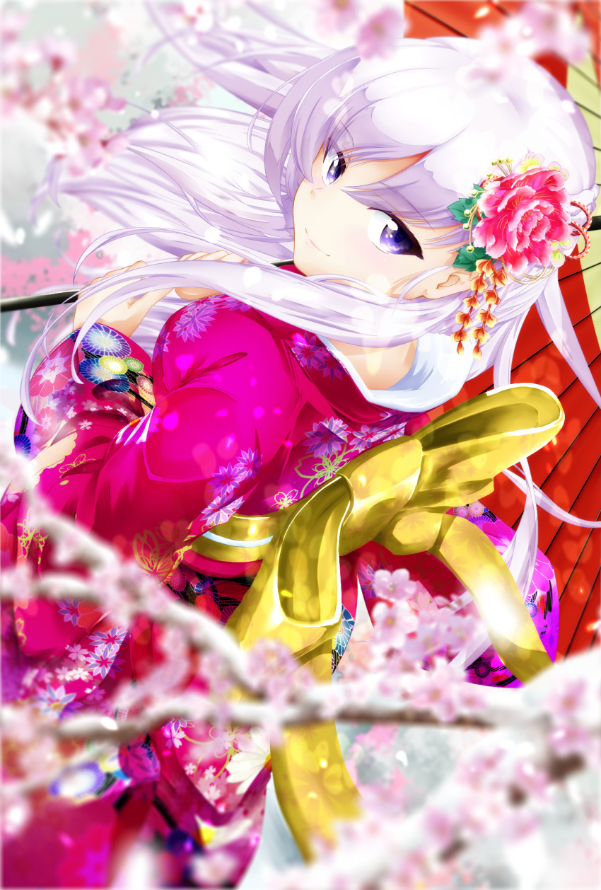 1girl 2018 alternate_costume azur_lane belfast_(azur_lane) commentary_request floral_print flower furisode hair_flower hair_ornament happy_new_year highres japanese_clothes kimono long_hair long_sleeves looking_at_viewer nengajou new_year obi red_kimono sash smile solo user_uerv2735 violet_eyes wide_sleeves