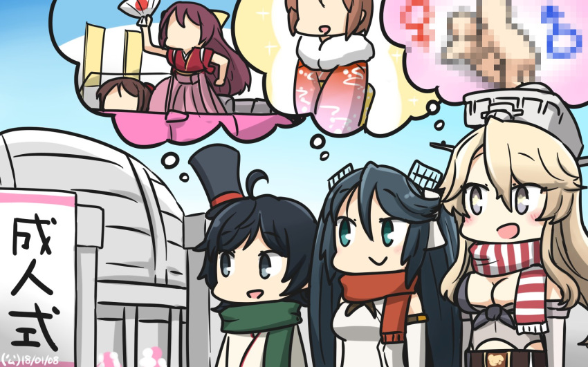 3girls :d black_hair black_hat blonde_hair blue_eyes breasts brown_hair censored commentary_request elbow_gloves front-tie_top gloves green_scarf hair_between_eyes hakama hamu_koutarou harukaze_(kantai_collection) hat highres iowa_(kantai_collection) isuzu_(kantai_collection) japanese_clothes kamikaze_(kantai_collection) kantai_collection kimono large_breasts long_hair long_sleeves matsukaze_(kantai_collection) meiji_schoolgirl_uniform mini_hat mini_top_hat mosaic_censoring multiple_girls natori_(kantai_collection) obi open_mouth orange_scarf pink_hakama purple_hair red_kimono sash scarf short_hair short_sleeves smile star star-shaped_pupils symbol-shaped_pupils top_hat twintails yukata