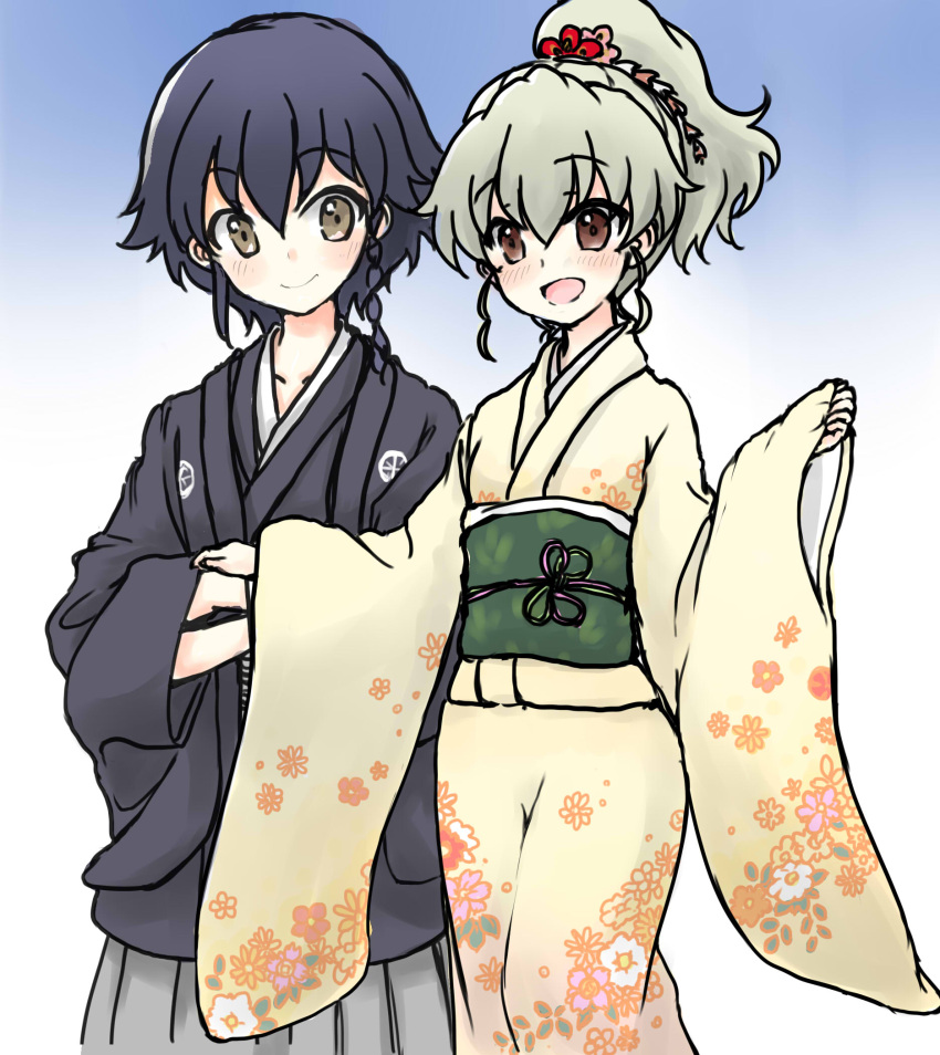 2girls alternate_hairstyle anchovy bangs black_hair braid brown_eyes closed_mouth commentary_request cowboy_shot eyebrows_visible_through_hair floral_print flower girls_und_panzer gradient gradient_background green_hair hair_flower hair_ornament hakama haori highres japanese_clothes kimono long_hair looking_at_another multiple_girls new_year open_mouth pepperoni_(girls_und_panzer) print_kimono short_hair short_ponytail side_braid smile standing wabiushi wide_sleeves yellow_kimono