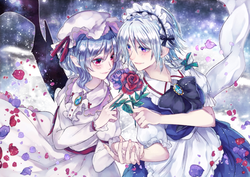 2girls apron black_bow black_neckwear blue_dress blue_eyes blue_hair bow braid brooch commentary_request dress flower frilled_apron frills ginzuki_ringo green_bow hair_bow hand_holding hat hat_ribbon highres index_finger_raised izayoi_sakuya jewelry juliet_sleeves long_sleeves looking_at_another maid_apron maid_headdress mob_cap multiple_girls neck_bow no_wings petals pointy_ears puffy_short_sleeves puffy_sleeves purple_flower purple_rose red_eyes red_flower red_ribbon red_rose red_sash remilia_scarlet ribbon rose short_hair short_sleeves silver_hair touhou twin_braids white_dress
