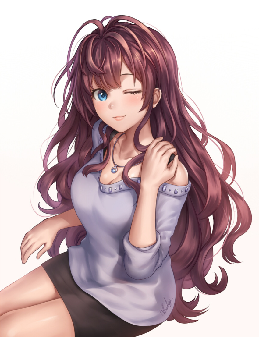 1girl ;) antenna_hair artist_name bangs black_skirt blue_eyes blush breasts cleavage closed_mouth collarbone eyelashes hand_on_own_shoulder highres ichinose_shiki idolmaster idolmaster_cinderella_girls invisible_chair jewelry lips long_hair long_sleeves looking_at_viewer medium_breasts natsuyu necklace off-shoulder_shirt one_eye_closed pencil_skirt pendant purple_shirt redhead shirt signature simple_background sitting skirt sleeves_pushed_up smile solo thighs wavy_hair white_background