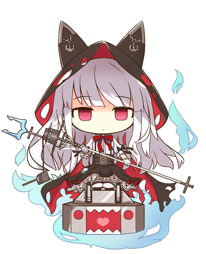1girl absurdres akihiyo anchor animal_hood azur_lane bangs black_cape black_skirt blue_fire bow bowtie cannon cape cat_hood chains closed_mouth empty_eyes erebus_(azur_lane) eyebrows_visible_through_hair fire gloves heart heart_in_mouth high-waist_skirt highres holding hood hooded_cape puffy_short_sleeves puffy_sleeves red_neckwear shaded_face sharp_teeth shirt short_sleeves silver_hair simple_background skirt solo striped striped_legwear suspender_skirt suspenders teeth thigh-highs torn_clothes turret violet_eyes white_background white_gloves white_shirt
