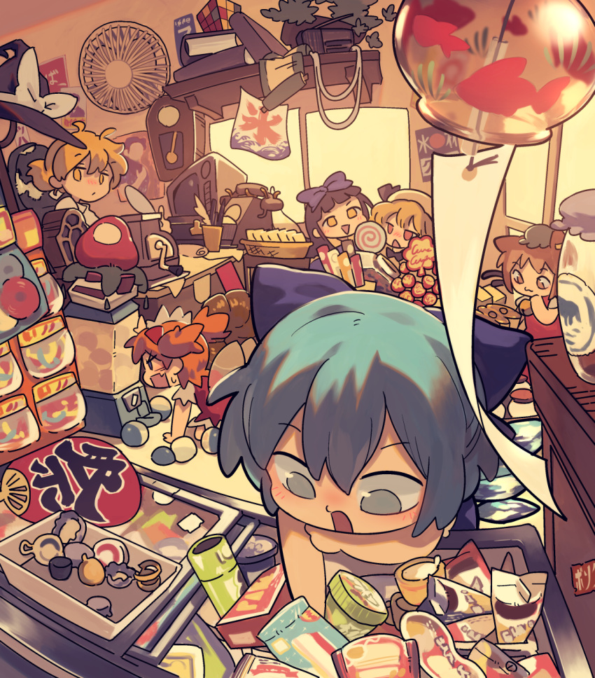 6+girls :3 animal_ears bell black_hair blonde_hair blue_eyes blue_hair bow brown_eyes brown_hair candy cat_ears chen cirno clock coin_slot commentary_request electric_fan food freezer hat hat_bow hat_removed hat_ribbon headwear_removed highres ice ice_cream ice_wings kirisame_marisa lollipop luna_child moyazou_(kitaguni_moyashi_seizoujo) multiple_girls multiple_tails orange_hair paper phone poster red_eyes ribbon rubik's_cube scroll star_sapphire sunny_milk tail touhou triangle_mouth two_tails white_bow white_ribbon wings witch_hat yellow_eyes