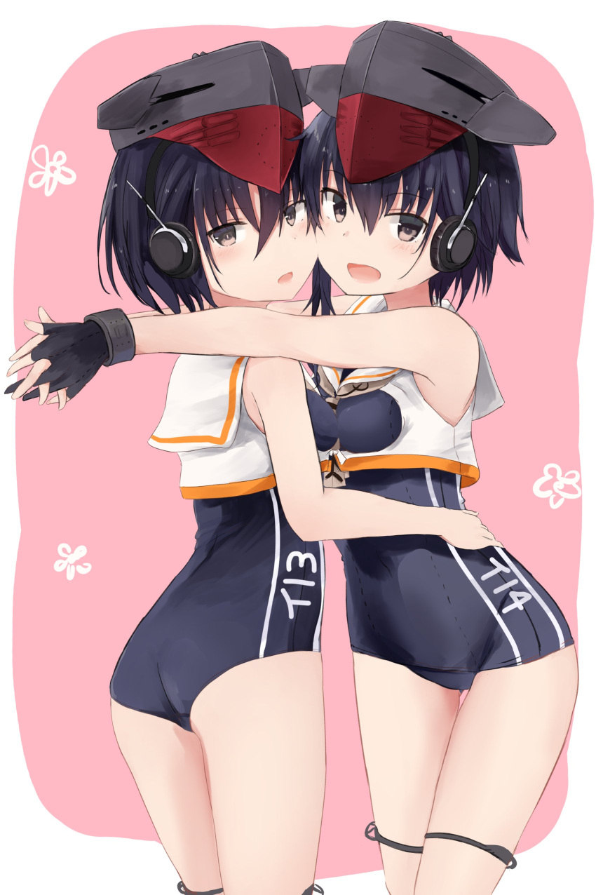 2girls :d :o absurdres ass bangs bare_shoulders black_gloves black_hair black_hat blue_swimsuit blush brown_eyes character_name cheek-to-cheek clothes_writing covered_navel cowboy_shot crop_top eyebrows_visible_through_hair fingerless_gloves framed_breasts gloves hair_between_eyes hand_on_another's_hip hat headphones headset highres hug i-13_(kantai_collection) i-14_(kantai_collection) kantai_collection looking_at_viewer multiple_girls one-piece_swimsuit open_mouth pink_background short_hair simple_background single_sidelock sleeveless smile standing swimsuit swimsuit_under_clothes thigh_gap thigh_strap thighs yuki_(yukin0128)
