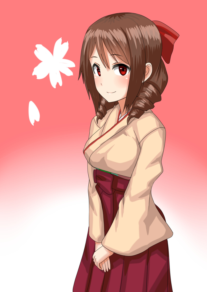 1girl 30-06 bow brown_hair cowboy_shot drill_hair gradient gradient_background hair_bow hakama harukaze_(kantai_collection) highres japanese_clothes kantai_collection kimono looking_at_viewer meiji_schoolgirl_uniform pink_kimono red_background red_bow red_eyes red_hakama smile solo twin_drills