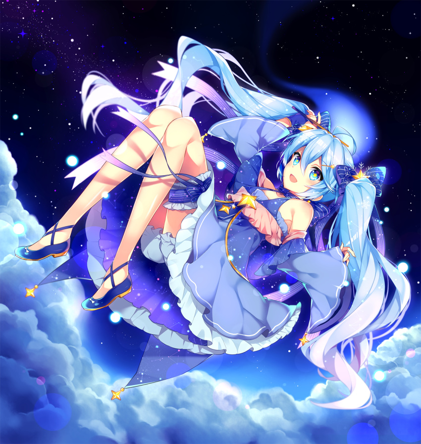 1girl blue_eyes blue_hair bow detached_sleeves hair_bow hatsune_miku highres kurisu_sai long_hair open_mouth sky smile solo star star_(sky) starry_sky very_long_hair vocaloid wand yuki_miku