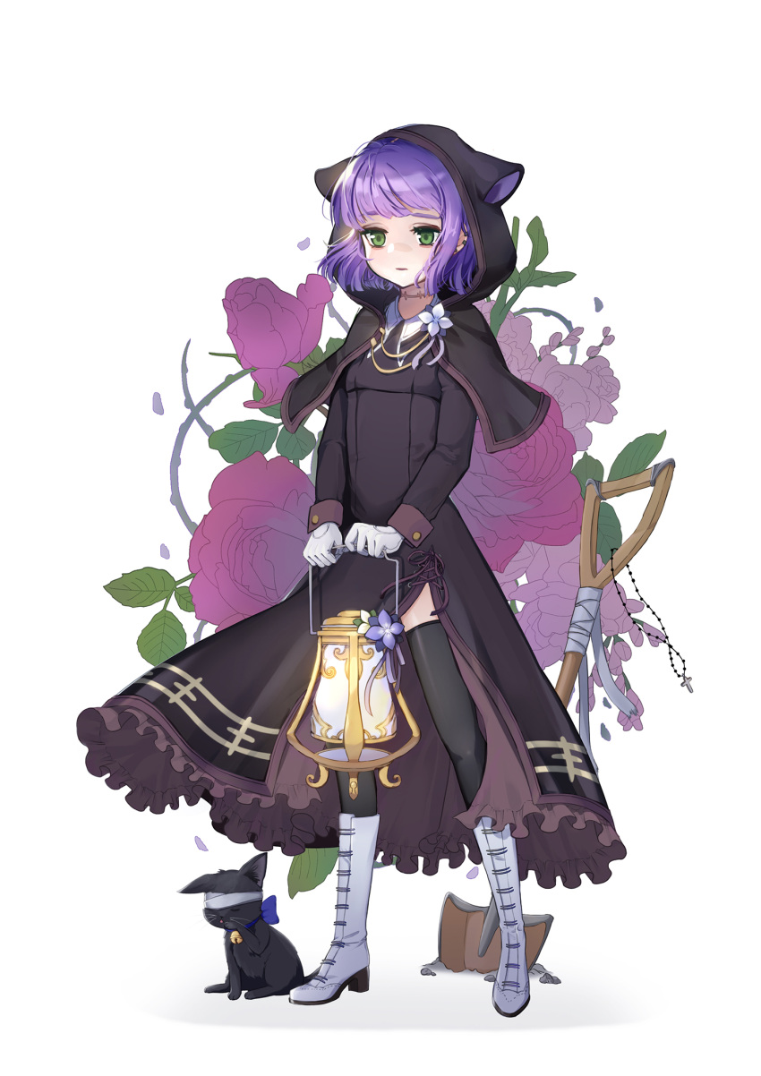 1girl animal_hood bandage bell black_cat black_dress black_legwear boots cat dress flower full_body gloves green_eyes high_heel_boots high_heels highres hood jingle_bell knee_boots lantern monet930 purple_hair short_hair shovel solo standing thigh-highs white_footwear white_gloves worktool