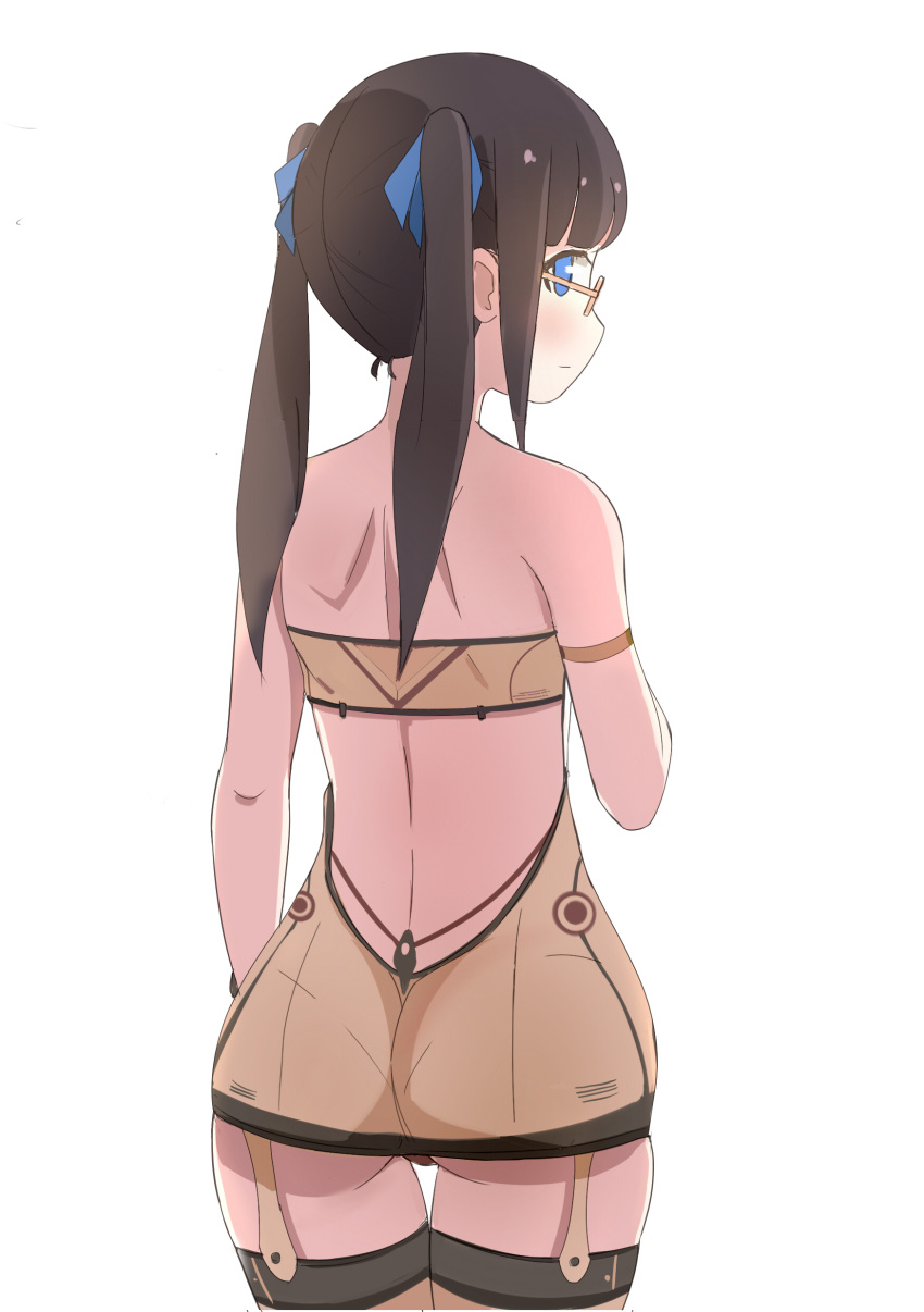 1girl absurdres armband ass bandeau bangs bare_shoulders beige_legwear beige_skirt blue_eyes blue_ribbon blush brown_hair closed_mouth cowboy_shot garter_straps glasses hair_ribbon highres looking_away looking_to_the_side orange-framed_eyewear original profile ribbon shoulder_blades simple_background solo thigh-highs thigh_gap toy_box-r twintails white_background