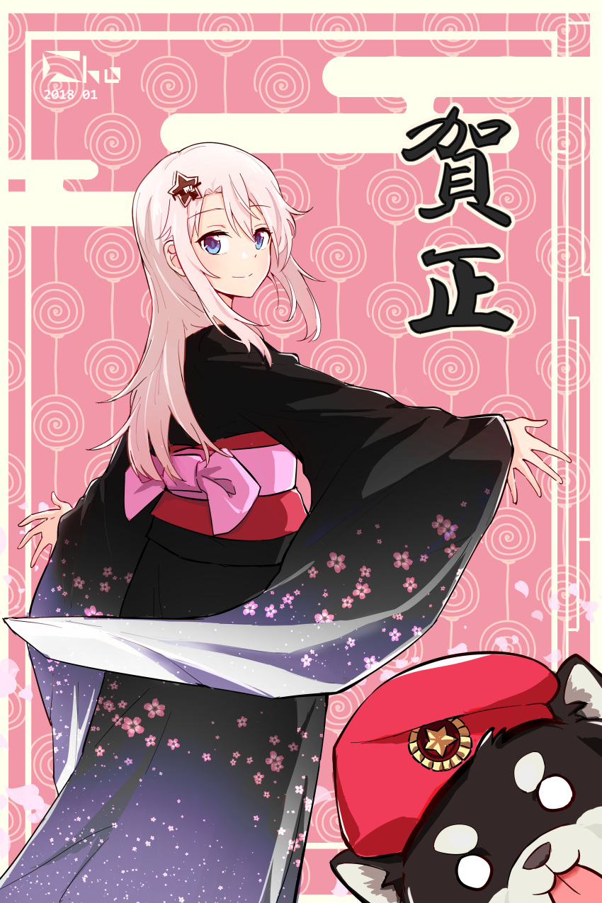 1girl 9a-91_(girls_frontline) absurdres animal artist_request bangs beret black_kimono blue_eyes blush dated dog eyebrows_visible_through_hair floral_print from_side girls_frontline hair_between_eyes hair_ornament happy_new_year hat highres japanese_clothes kimono long_hair long_sleeves looking_at_viewer looking_back new_year obi outstretched_arms sash sidelocks silver_hair smile solo star star_hair_ornament translated wide_sleeves wind wind_lift