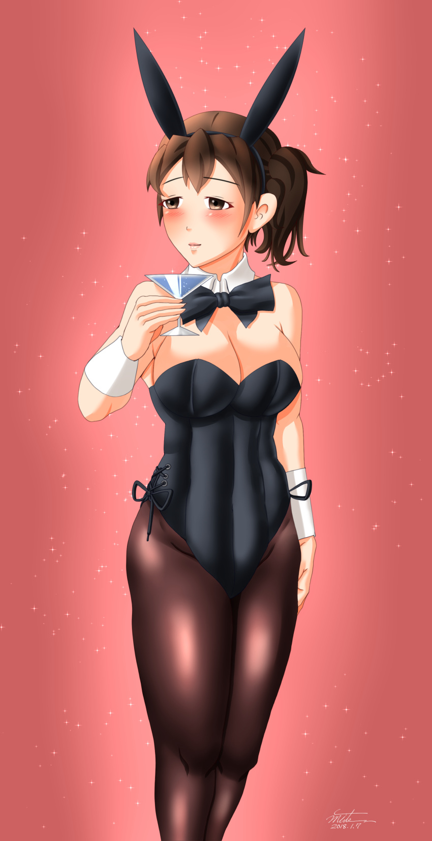 1girl absurdres animal_ears bare_shoulders black_legwear black_leotard bow bowtie breasts brown_eyes brown_hair bunnysuit cleavage cocktail_glass cup detached_collar drinking_glass fake_animal_ears highres kaga_(kantai_collection) kantai_collection large_breasts leotard pantyhose pink_background playboy_bunny_leotard rabbit_ears side_ponytail smile solo strapless strapless_leotard wrist_cuffs