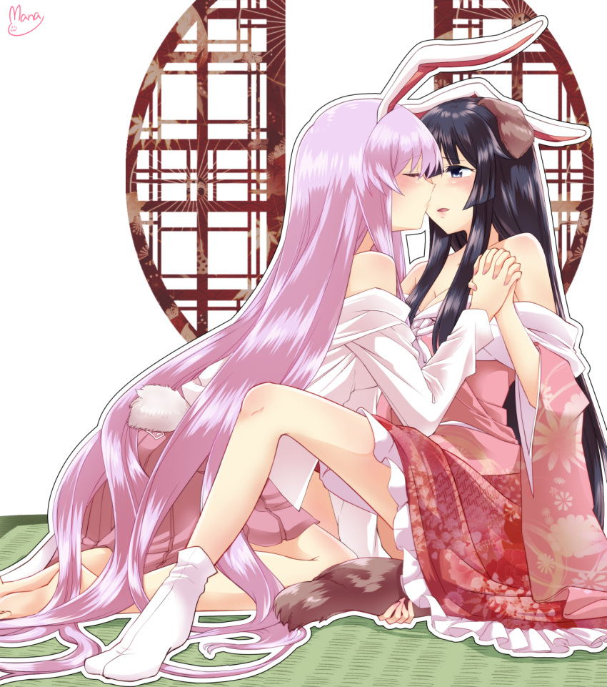2girls animal_ears artist_name bare_shoulders barefoot black_eyes black_hair blush breasts bunny_tail cleavage closed_eyes commentary_request hands_clasped highres houraisan_kaguya imminent_kiss japanese_clothes kemonomimi_mode kimono large_breasts long_hair mana_(tsurubeji) multiple_girls off_shoulder outline own_hands_together parted_lips petticoat pink_hair pink_kimono pink_skirt profile rabbit_ears reisen_udongein_inaba seiza shirt sidelocks signature simple_background sitting skirt socks tail tatami touhou very_long_hair white_background white_legwear white_outline white_shirt yuri