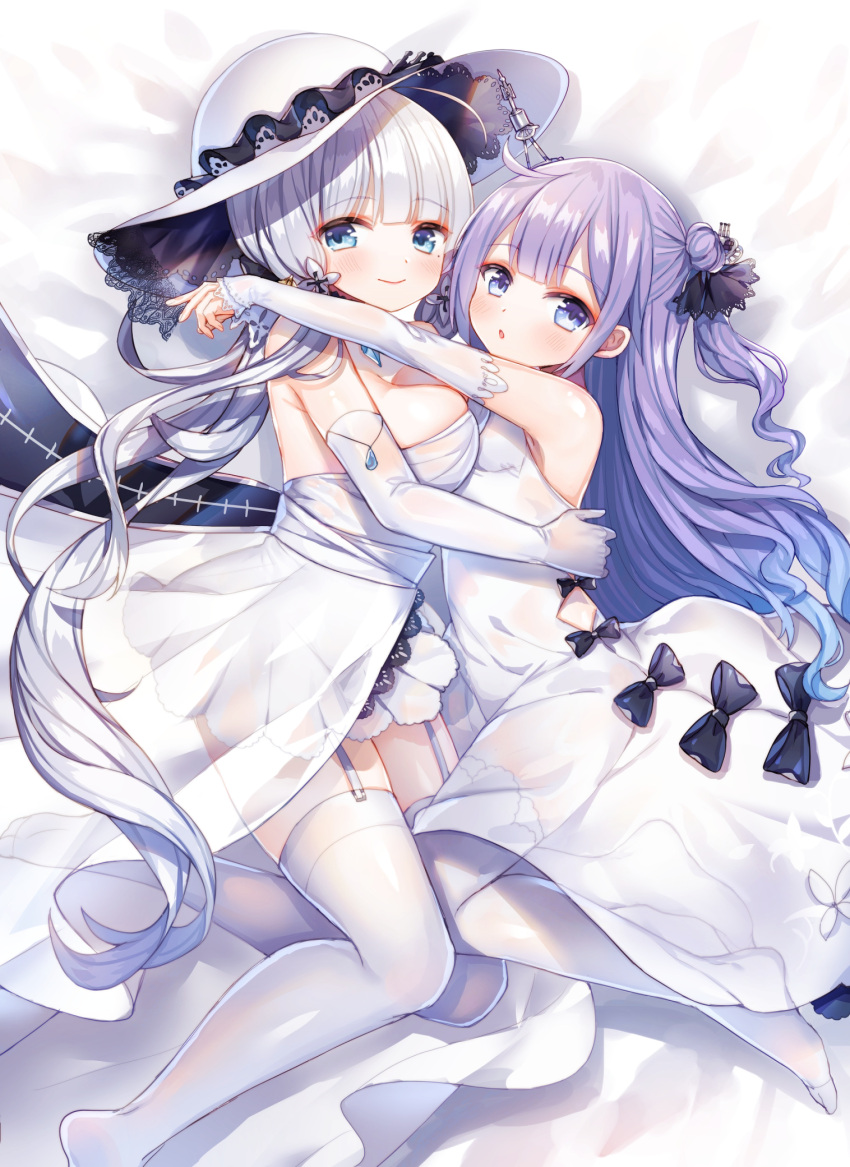 2girls :o abandon_ranka azur_lane bangs bed_sheet black_bow black_ribbon blue_eyes blush bow breasts closed_mouth commentary_request detached_sleeves dress elbow_gloves eyebrows_visible_through_hair garter_straps gloves hair_bun hair_ornament hair_ribbon hat highres illustrious_(azur_lane) large_breasts long_hair long_sleeves looking_at_viewer looking_to_the_side low_twintails lying multiple_girls no_shoes on_side one_side_up parted_lips purple_hair ribbon see-through side_bun silver_hair sleeves_past_wrists small_breasts smile strapless strapless_dress thigh-highs twintails unicorn_(azur_lane) very_long_hair violet_eyes white_dress white_gloves white_hat white_legwear