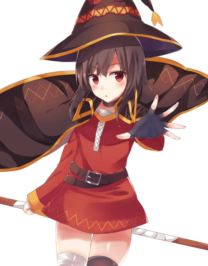 1girl bandage bandaged_leg belt black_gloves black_legwear brown_hair button_eyes cape collar dress eyebrows_visible_through_hair fingerless_gloves gloves hat highres holding holding_staff kono_subarashii_sekai_ni_shukufuku_wo! looking_at_viewer megumin mismatched_legwear outstretched_arm red_dress red_eyes seki_(l0410706268) short_hair_with_long_locks simple_background single_thighhigh solo staff standing thigh-highs v-shaped_eyebrows white_background wind witch_hat