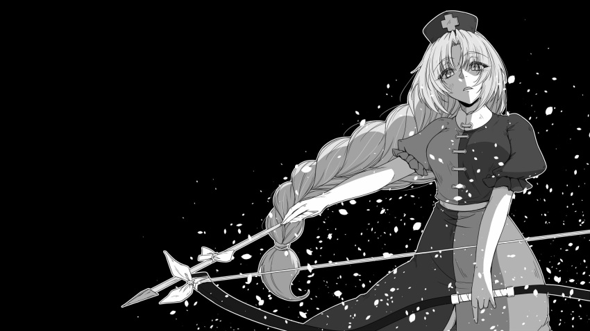 1girl arrow bangs black_background bow bow_(weapon) braid cowboy_shot dress eyebrows_visible_through_hair greyscale hat highres holding holding_arrow holding_weapon lonely long_hair monochrome nurse_cap open_mouth puffy_short_sleeves puffy_sleeves short_sleeves single_braid solo sunatoshi touhou very_long_hair weapon yagokoro_eirin