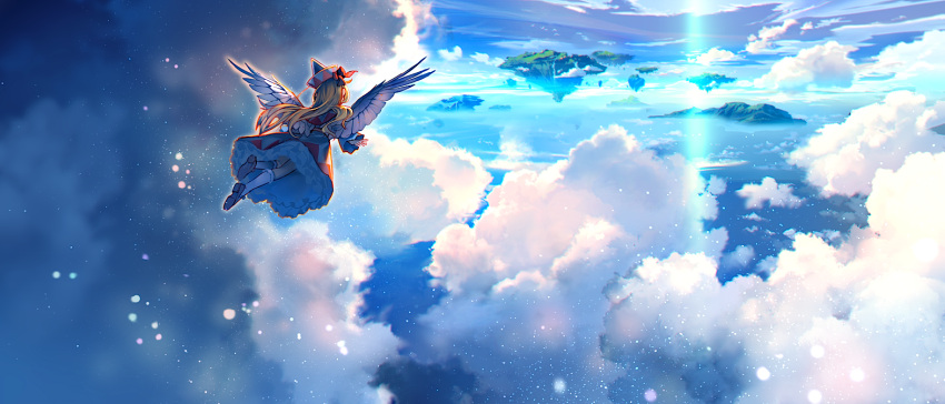 1girl blonde_hair blue_sky clouds dress eho_(icbm) feathered_wings floating_island flying hat lily_white long_hair sky solo touhou wings