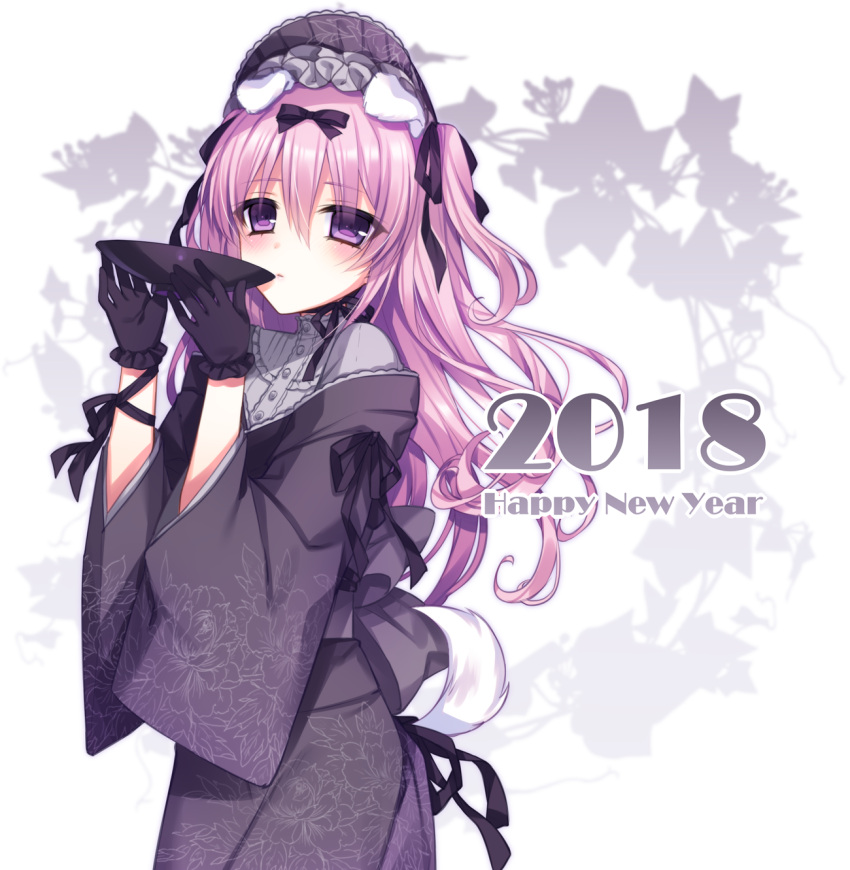 1girl 2018 animal_ears arm_ribbon bangs black_bow black_gloves black_kimono black_ribbon blush bow closed_mouth commentary_request cup dog_ears dog_girl dog_tail eyebrows_visible_through_hair floral_print gloves hair_between_eyes hair_bow hair_ribbon highres holding japanese_clothes kimono long_hair long_sleeves looking_at_viewer original pink_hair print_kimono ribbon sakazuki solo tail tsukikage_nemu two_side_up very_long_hair violet_eyes wide_sleeves year_of_the_dog