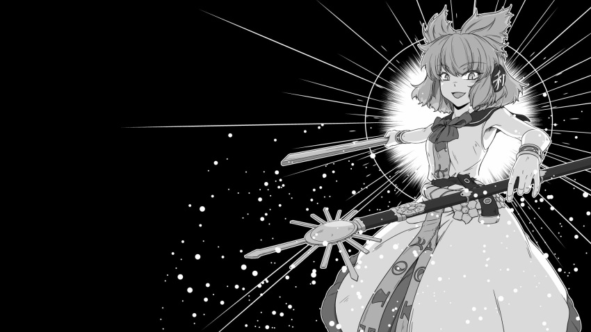 1girl bangs black_background bow bowtie commentary_request cowboy_shot earmuffs eyebrows_visible_through_hair greyscale highres holding holding_sword holding_weapon monochrome open_mouth pointy_hair ritual_baton sheath sheathed short_hair sleeveless solo sunatoshi sword touhou toyosatomimi_no_miko weapon