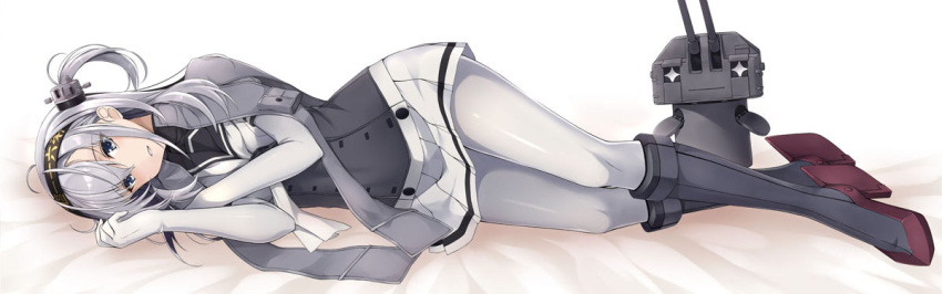 +_+ 1girl bangs bed_sheet black_footwear black_hairband blue_eyes blush boots chou-10cm-hou-chan_(suzutsuki's) clothes_writing corset dakimakura elbow_gloves full_body gloves hairband high_heel_boots high_heels jacket_on_shoulders kantai_collection knee_boots kochipu looking_at_viewer lying miniskirt neckerchief on_side one_side_up pantyhose parted_lips pleated_skirt pocket robot school_uniform serafuku shiny shiny_hair short_sleeves silver_hair simple_background skirt smile suzutsuki_(kantai_collection) turret white_background white_gloves white_legwear white_neckwear white_skirt