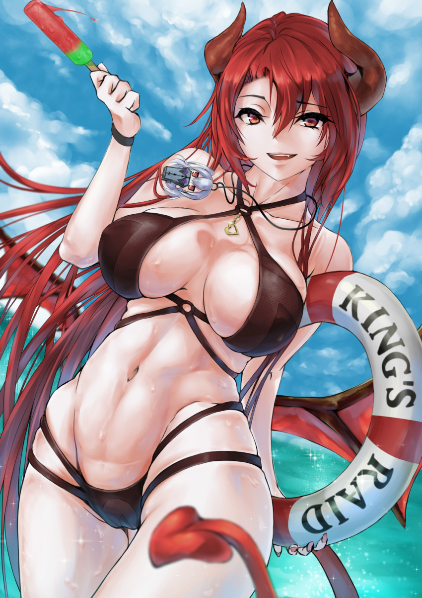breasts cleavage epis_(king's_raid) food highres horns king's_raid large_breasts monster_girl nail_polish nishixciv ocean popsicle redhead swimsuit tail wings
