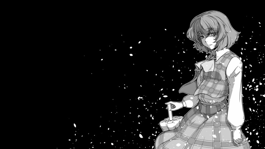 1girl ascot bangs buttons closed_mouth collared_shirt commentary_request cowboy_shot eyebrows_visible_through_hair greyscale hair_between_eyes highres kazami_yuuka long_sleeves looking_at_viewer monochrome negative_space parasol plaid plaid_skirt shirt short_sleeves skirt solo sunatoshi touhou umbrella